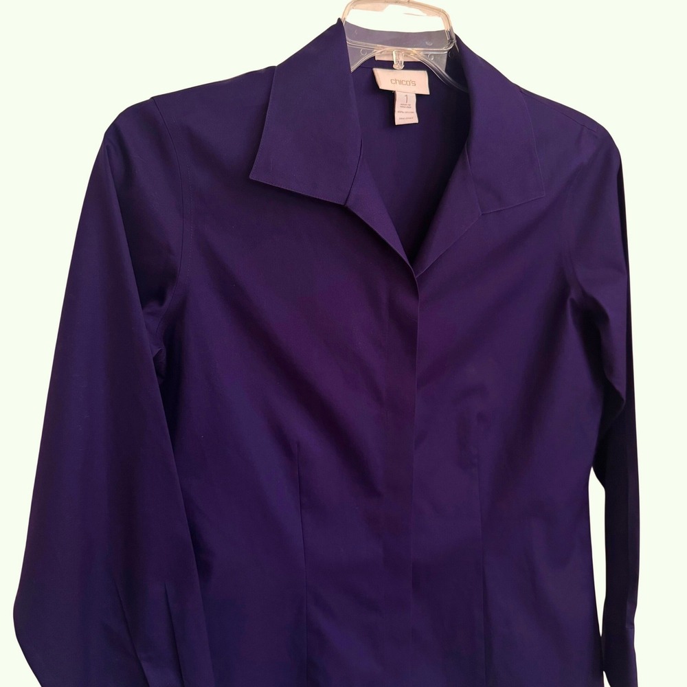 Chicos No-Iron Cotton Button Down Tunic Shirt Purple Long Sleeve Womens Size 1 - Picture 2 of 5
